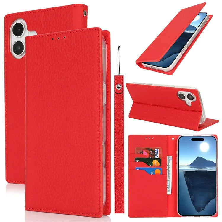 For iPhone 16 Wallet Case Genuine Cow Leather Phone Cover Litchi Texture
