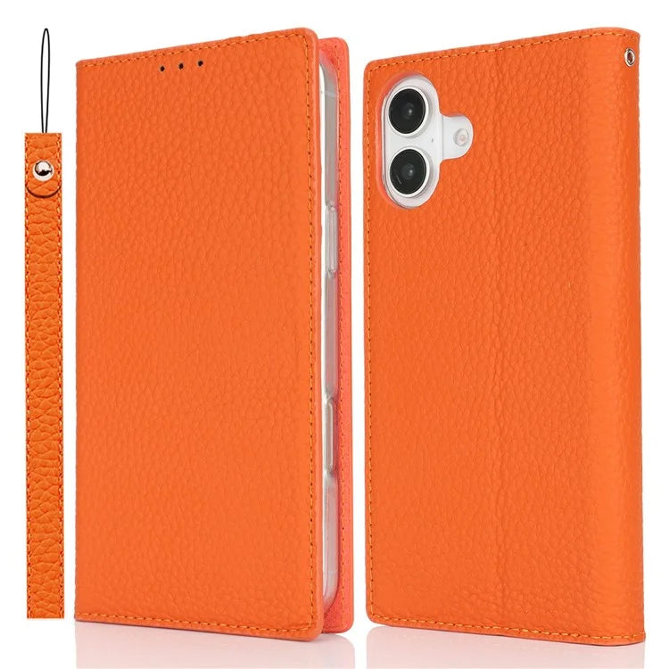 For iPhone 16 Wallet Case Genuine Cow Leather Phone Cover Litchi Texture