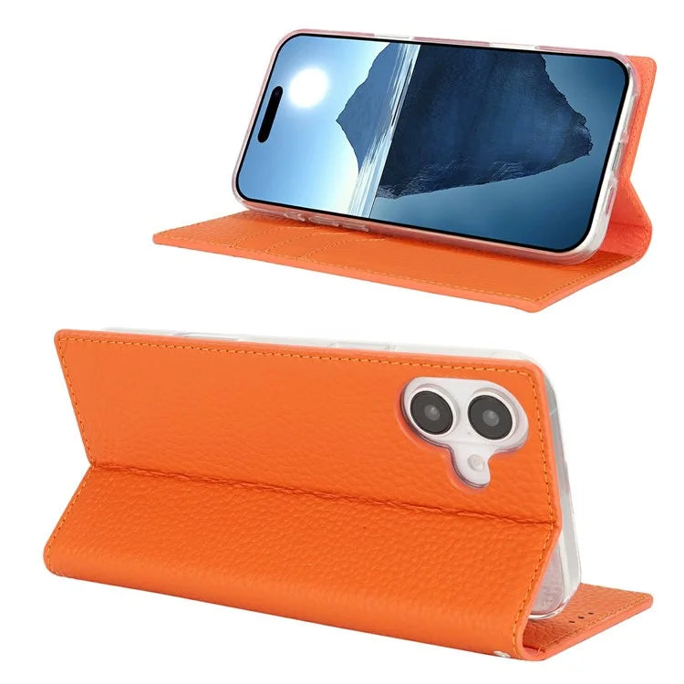 For iPhone 16 Wallet Case Genuine Cow Leather Phone Cover Litchi Texture