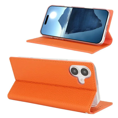 For iPhone 16 Wallet Case Genuine Cow Leather Phone Cover Litchi Texture