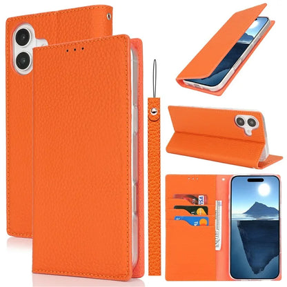 For iPhone 16 Wallet Case Genuine Cow Leather Phone Cover Litchi Texture