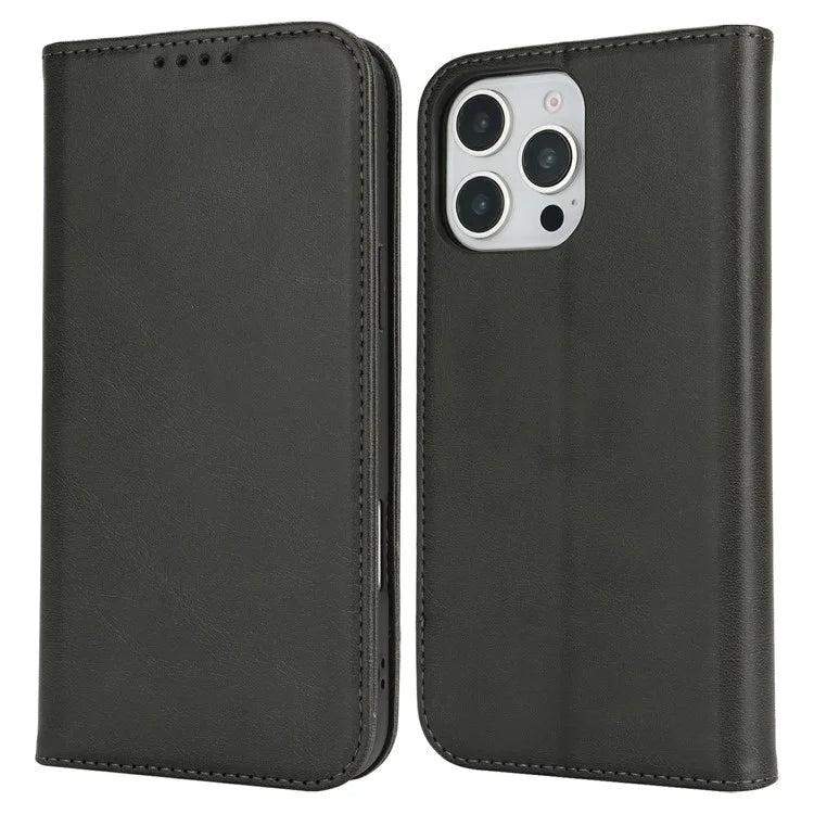 For iPhone 16 Pro Max Case PU Leather Calf Textured Magnetic Closing Smart Phone Cover