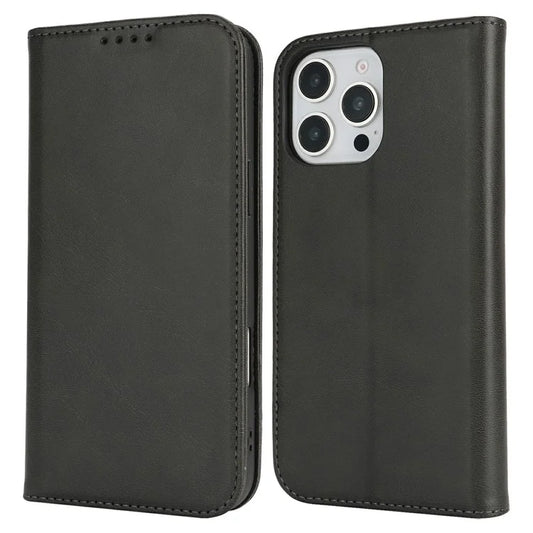 For iPhone 16 Pro Max Case PU Leather Calf Textured Magnetic Closing Smart Phone Cover