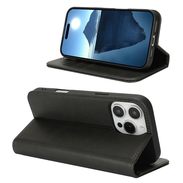 For iPhone 16 Pro Max Case PU Leather Calf Textured Magnetic Closing Smart Phone Cover