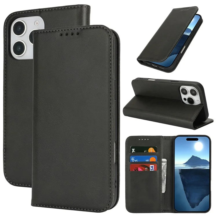 For iPhone 16 Pro Max Case PU Leather Calf Textured Magnetic Closing Smart Phone Cover