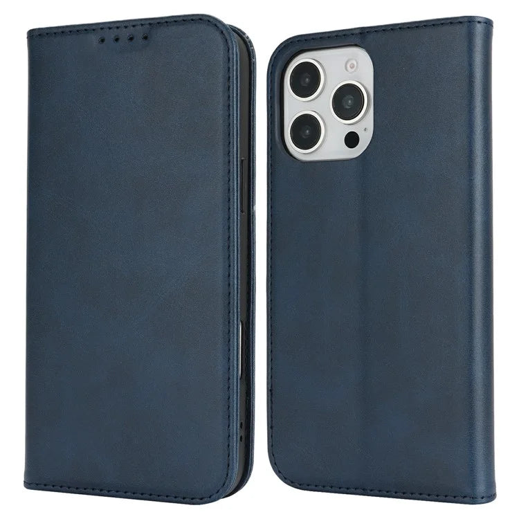 For iPhone 16 Pro Max Case PU Leather Calf Textured Magnetic Closing Smart Phone Cover