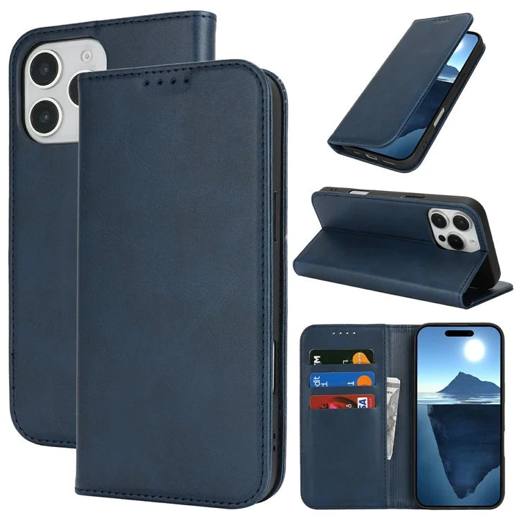 For iPhone 16 Pro Max Case PU Leather Calf Textured Magnetic Closing Smart Phone Cover