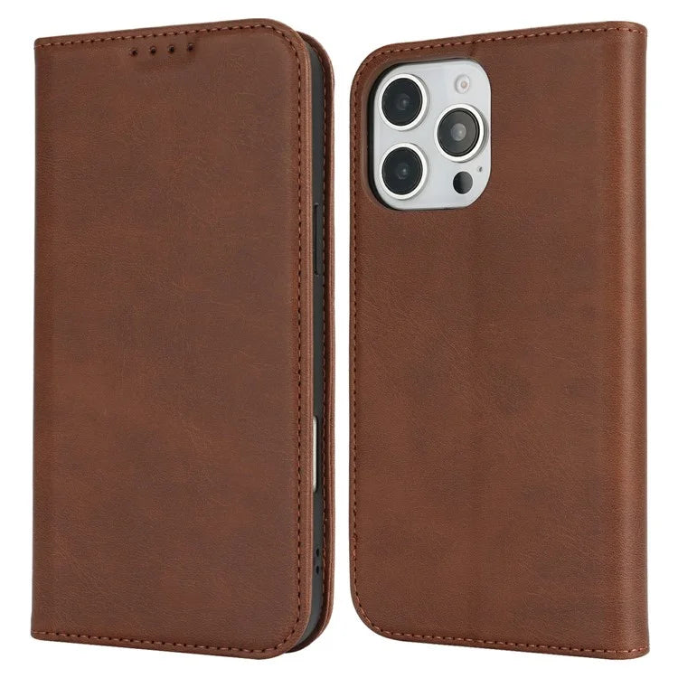 For iPhone 16 Pro Max Case PU Leather Calf Textured Magnetic Closing Smart Phone Cover