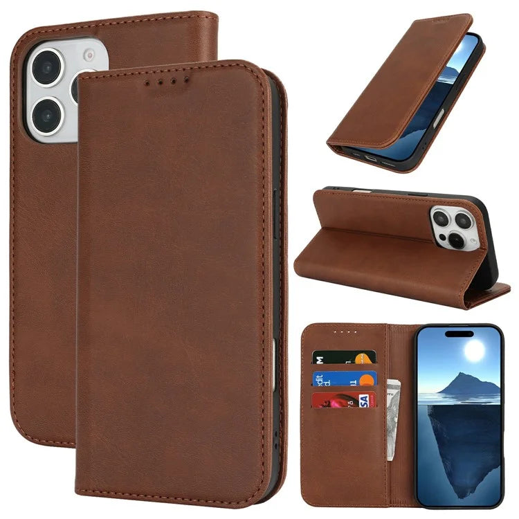 For iPhone 16 Pro Max Case PU Leather Calf Textured Magnetic Closing Smart Phone Cover
