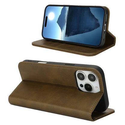 For iPhone 16 Pro Max Case PU Leather Calf Textured Magnetic Closing Smart Phone Cover