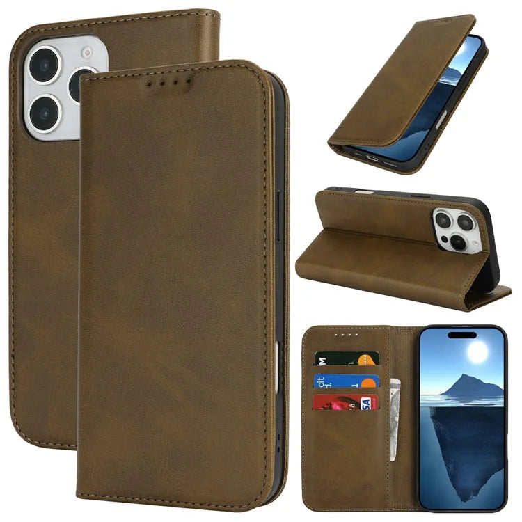 For iPhone 16 Pro Max Case PU Leather Calf Textured Magnetic Closing Smart Phone Cover