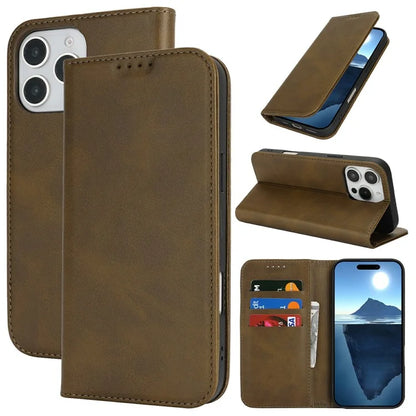 For iPhone 16 Pro Max Case PU Leather Calf Textured Magnetic Closing Smart Phone Cover