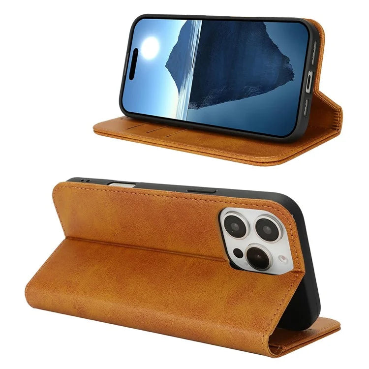 For iPhone 16 Pro Max Case PU Leather Calf Textured Magnetic Closing Smart Phone Cover