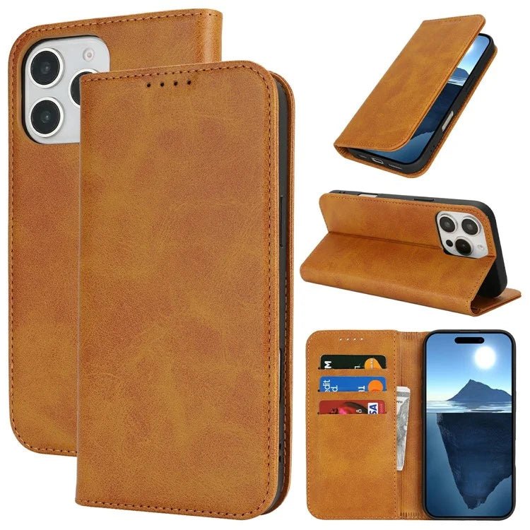 For iPhone 16 Pro Max Case PU Leather Calf Textured Magnetic Closing Smart Phone Cover