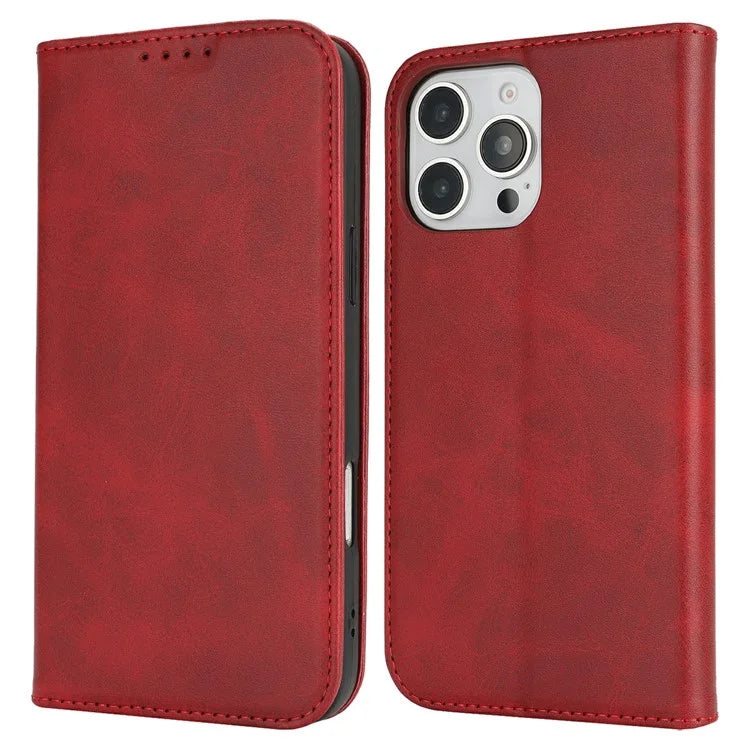 For iPhone 16 Pro Max Case PU Leather Calf Textured Magnetic Closing Smart Phone Cover