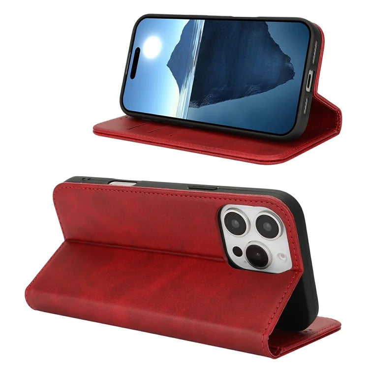 For iPhone 16 Pro Max Case PU Leather Calf Textured Magnetic Closing Smart Phone Cover