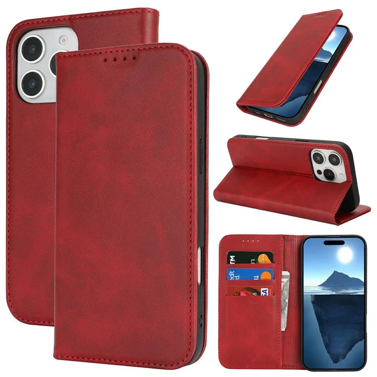 For iPhone 16 Pro Max Case PU Leather Calf Textured Magnetic Closing Smart Phone Cover