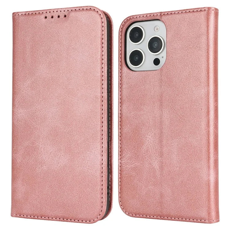 For iPhone 16 Pro Max Case PU Leather Calf Textured Magnetic Closing Smart Phone Cover