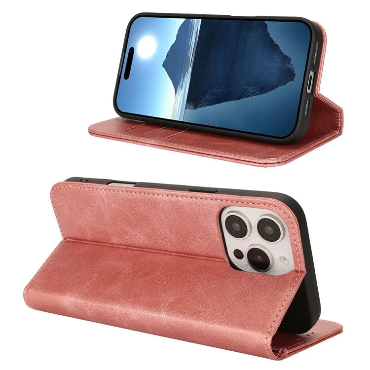 For iPhone 16 Pro Max Case PU Leather Calf Textured Magnetic Closing Smart Phone Cover