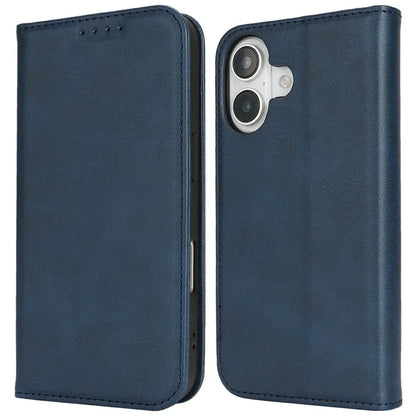 For iPhone 16 Plus Case PU Leather Calf Textured Magnetic Closing Smart Phone Cover