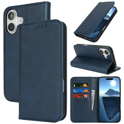 For iPhone 16 Plus Case PU Leather Calf Textured Magnetic Closing Smart Phone Cover
