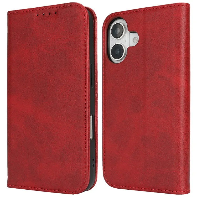 For iPhone 16 Plus Case PU Leather Calf Textured Magnetic Closing Smart Phone Cover