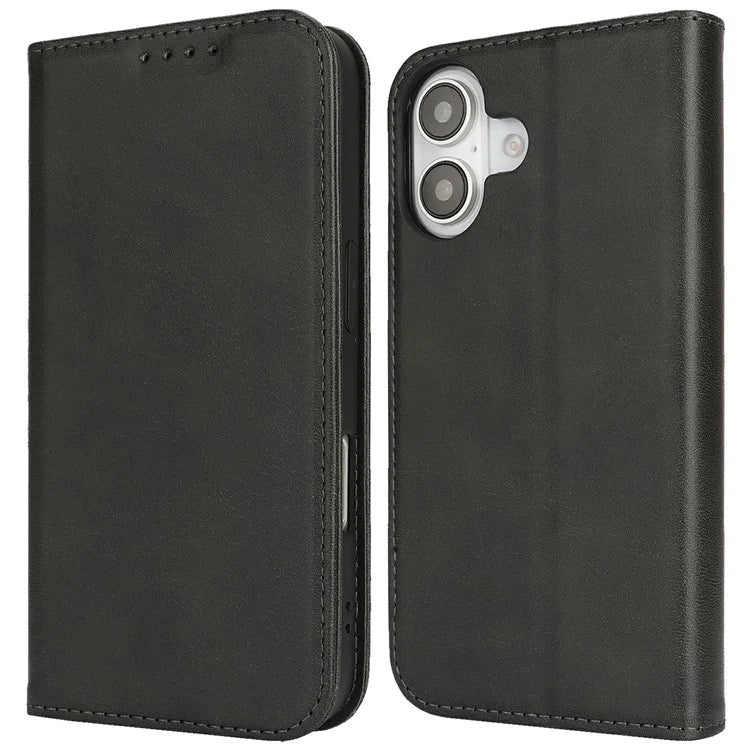 For iPhone 16 Case PU Leather Calf Textured Magnetic Closing Smart Phone Cover