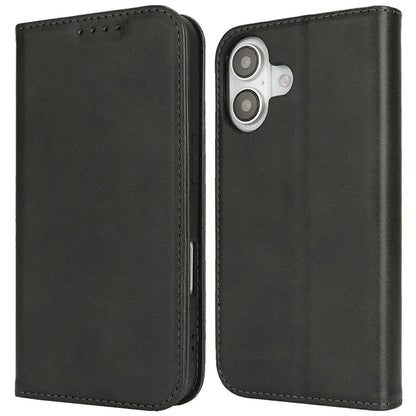 For iPhone 16 Case PU Leather Calf Textured Magnetic Closing Smart Phone Cover