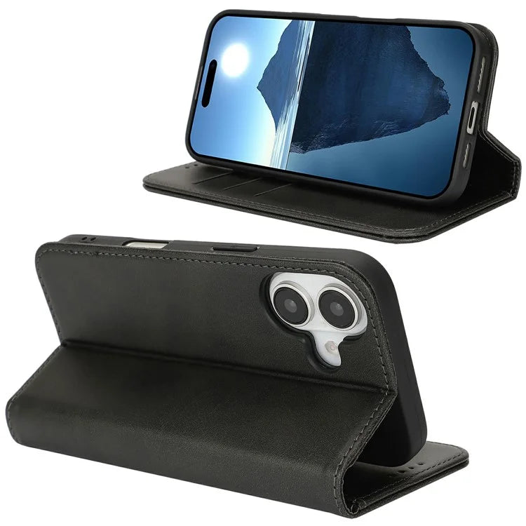 For iPhone 16 Case PU Leather Calf Textured Magnetic Closing Smart Phone Cover