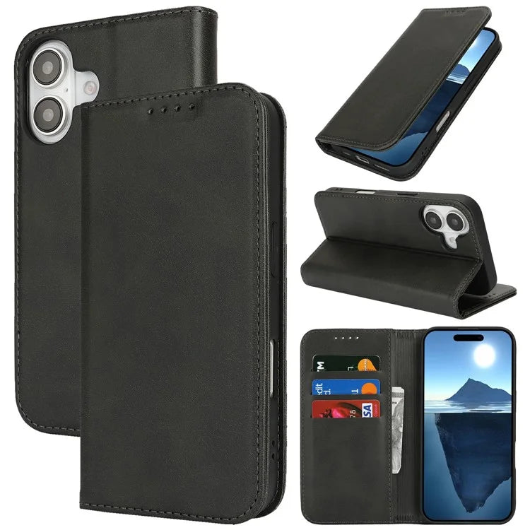 For iPhone 16 Case PU Leather Calf Textured Magnetic Closing Smart Phone Cover