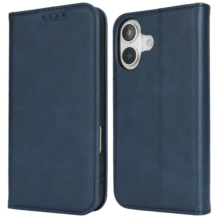 For iPhone 16 Case PU Leather Calf Textured Magnetic Closing Smart Phone Cover