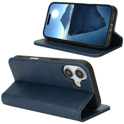 For iPhone 16 Case PU Leather Calf Textured Magnetic Closing Smart Phone Cover