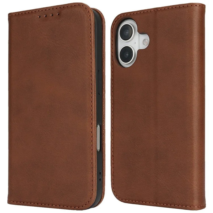 For iPhone 16 Case PU Leather Calf Textured Magnetic Closing Smart Phone Cover