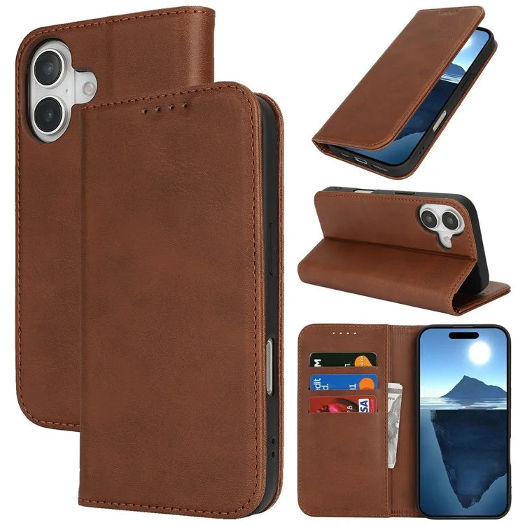 For iPhone 16 Case PU Leather Calf Textured Magnetic Closing Smart Phone Cover