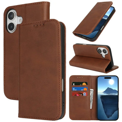 For iPhone 16 Case PU Leather Calf Textured Magnetic Closing Smart Phone Cover