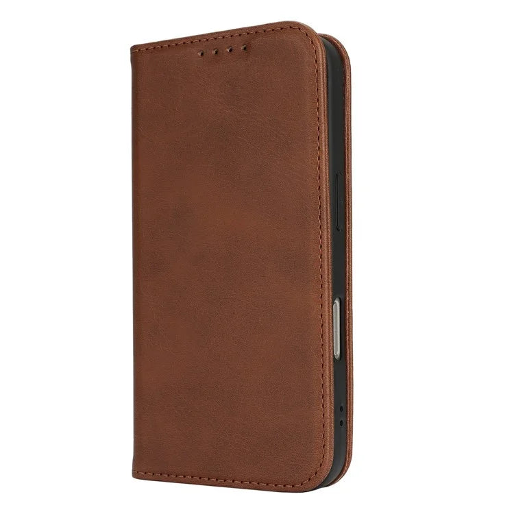 For iPhone 16 Case PU Leather Calf Textured Magnetic Closing Smart Phone Cover