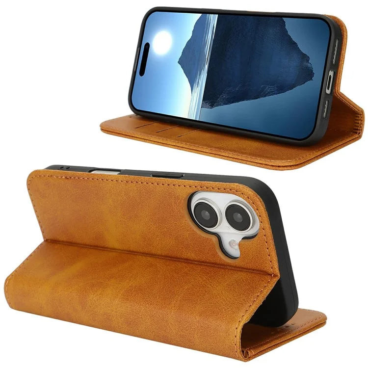 For iPhone 16 Case PU Leather Calf Textured Magnetic Closing Smart Phone Cover