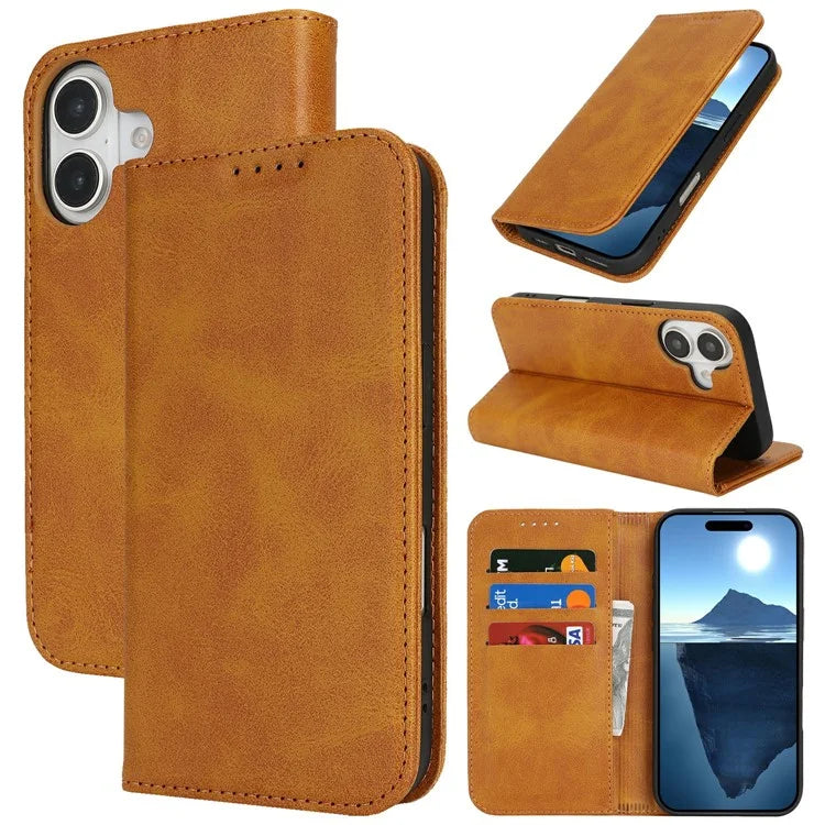 For iPhone 16 Case PU Leather Calf Textured Magnetic Closing Smart Phone Cover