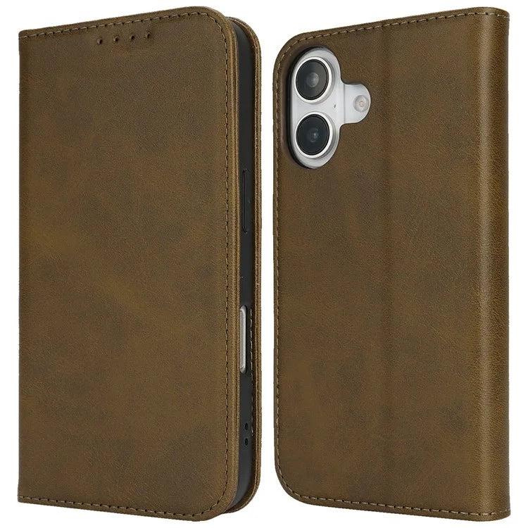 For iPhone 16 Case PU Leather Calf Textured Magnetic Closing Smart Phone Cover