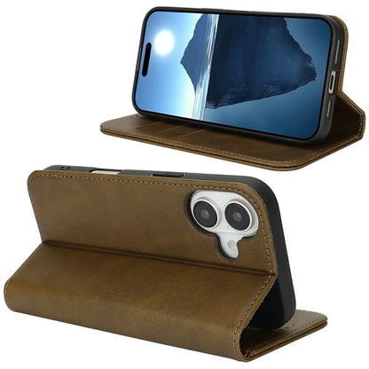 For iPhone 16 Case PU Leather Calf Textured Magnetic Closing Smart Phone Cover