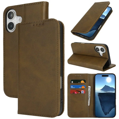 For iPhone 16 Case PU Leather Calf Textured Magnetic Closing Smart Phone Cover