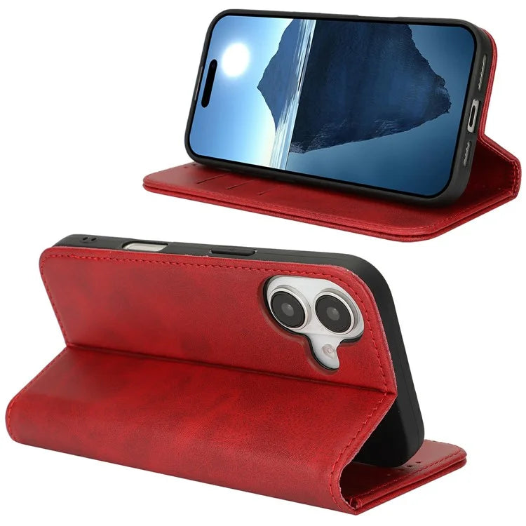 For iPhone 16 Case PU Leather Calf Textured Magnetic Closing Smart Phone Cover
