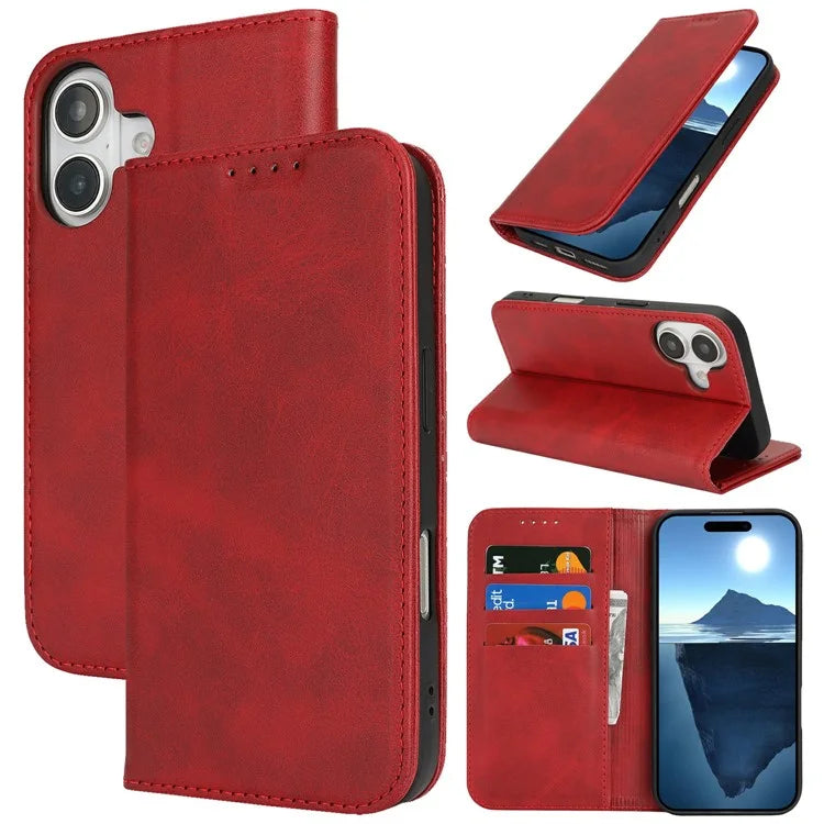 For iPhone 16 Case PU Leather Calf Textured Magnetic Closing Smart Phone Cover