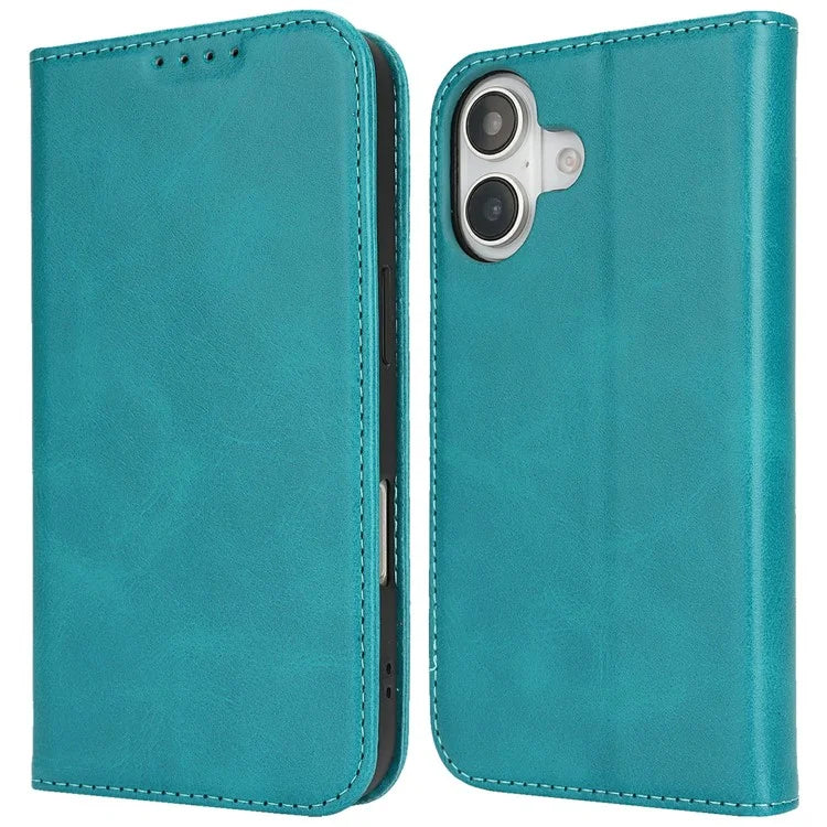 For iPhone 16 Case PU Leather Calf Textured Magnetic Closing Smart Phone Cover