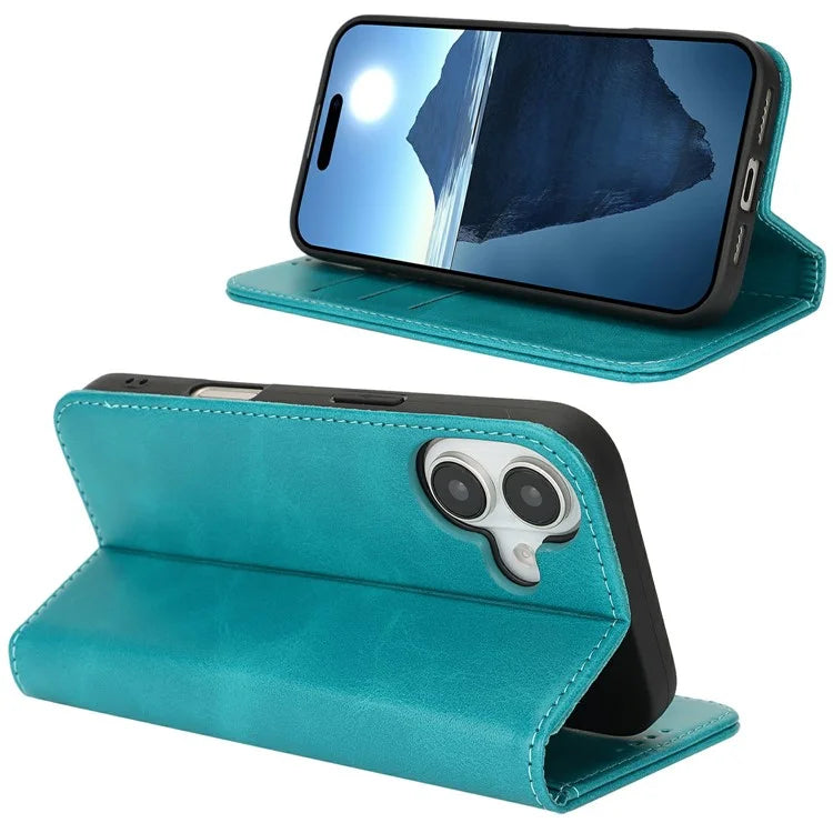 For iPhone 16 Case PU Leather Calf Textured Magnetic Closing Smart Phone Cover