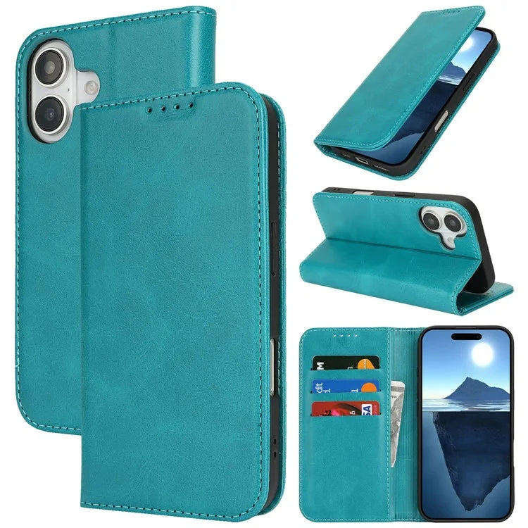 For iPhone 16 Case PU Leather Calf Textured Magnetic Closing Smart Phone Cover