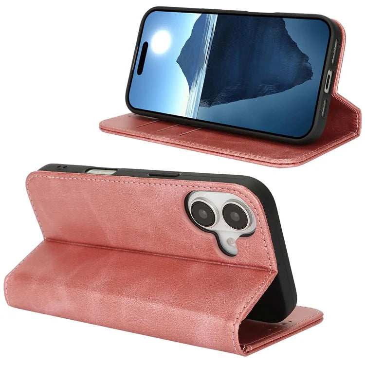 For iPhone 16 Case PU Leather Calf Textured Magnetic Closing Smart Phone Cover