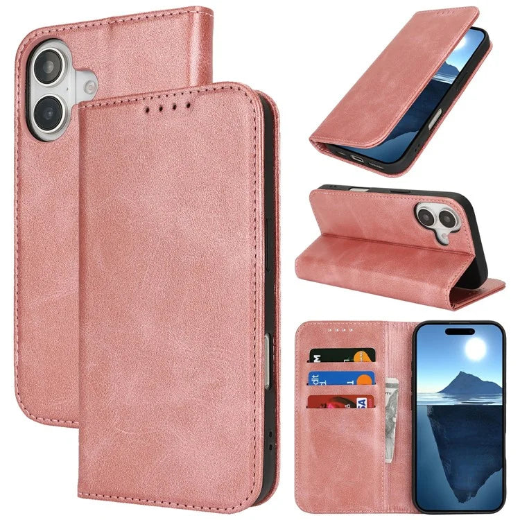 For iPhone 16 Case PU Leather Calf Textured Magnetic Closing Smart Phone Cover