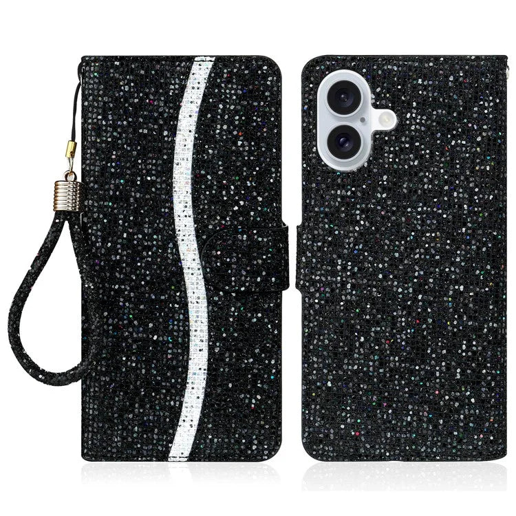 For iPhone 16 Plus Case PU Leather Wallet Card Slots Glitter Phone Cover