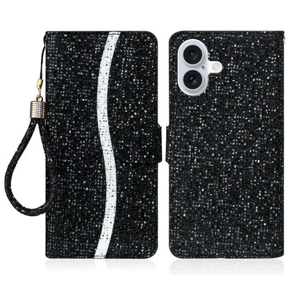 For iPhone 16 Plus Case PU Leather Wallet Card Slots Glitter Phone Cover